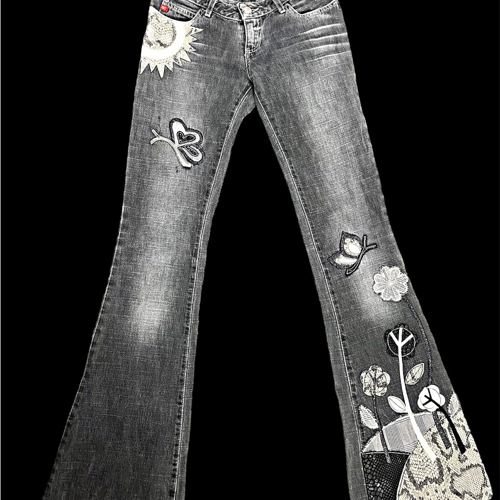 Miss Sixty Vintage Flair Low Rise Jeans Peace Flower Patchwork in Dark Grey - 24